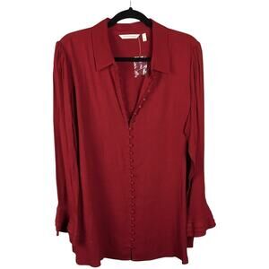 Soft Surroundings Poet Blouse Red Long Sleeve‎ Ruffle Cuff Women's L Crepe Shirt